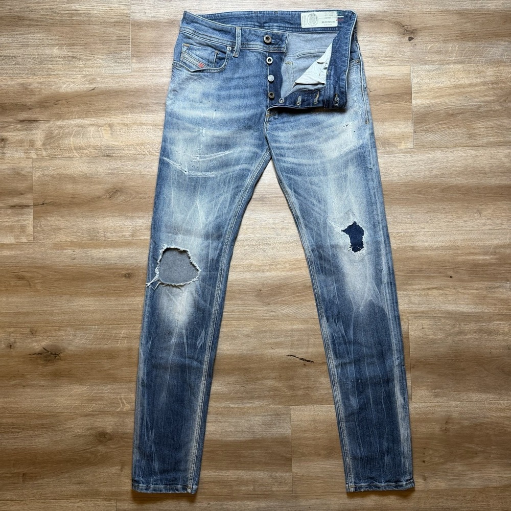 Diesel Sleenker Jeans Men 30x30 Blue Slim Skinny Stretch Italy Whiskered 069DJ